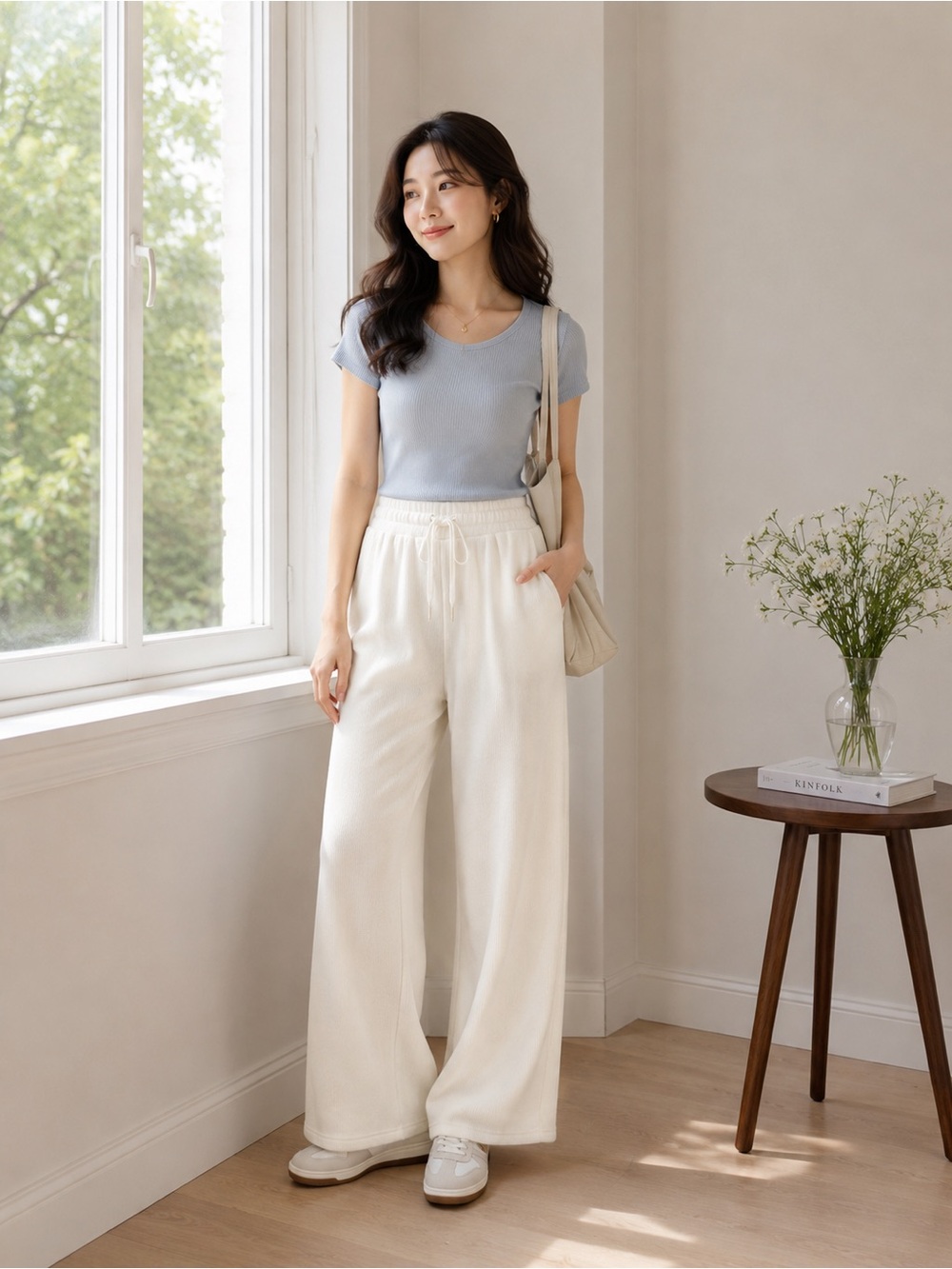 Kyodan Cream Wide-Leg Drawstring Pants